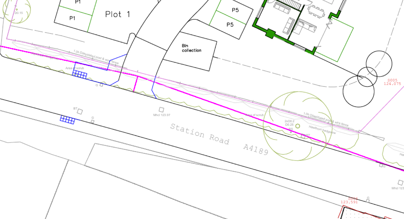 The applicant's access drawing over the same stretch of frontage: the access, the visibility splay line and two blue tactile paving squares marking the proposed crossing, with no telegraph poles shown
