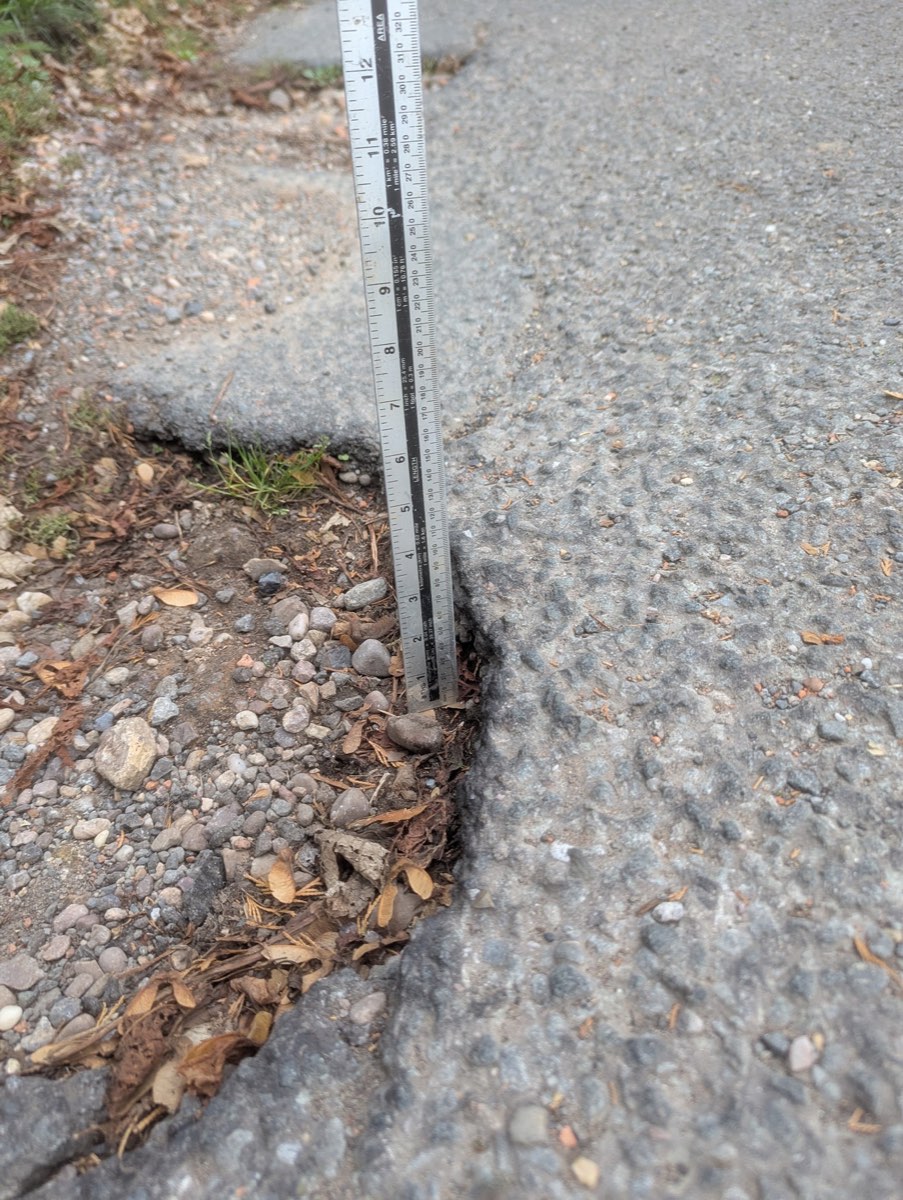 Rule standing at the broken edge of the footway
